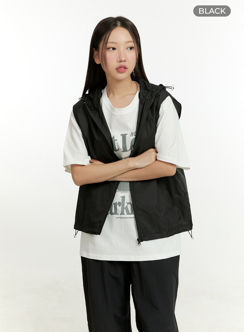 nylon-zip-up-hooded-vest-cl401 / Black