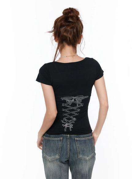 rhinestone-accent-corset-t-shirt-ca515 / Black