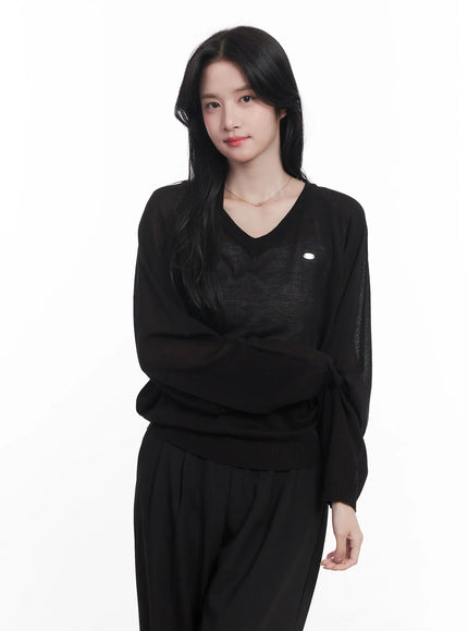 sheer-v-neck-sweater-cu523 / Black