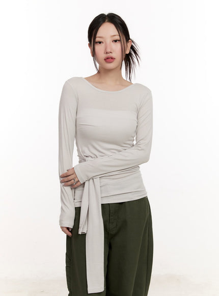 wrap-tie-long-sleeve-top-cm510 / Light gray