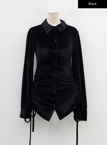 Side Tie Ruching Velvet Long Sleeve Mini Dress CD23
