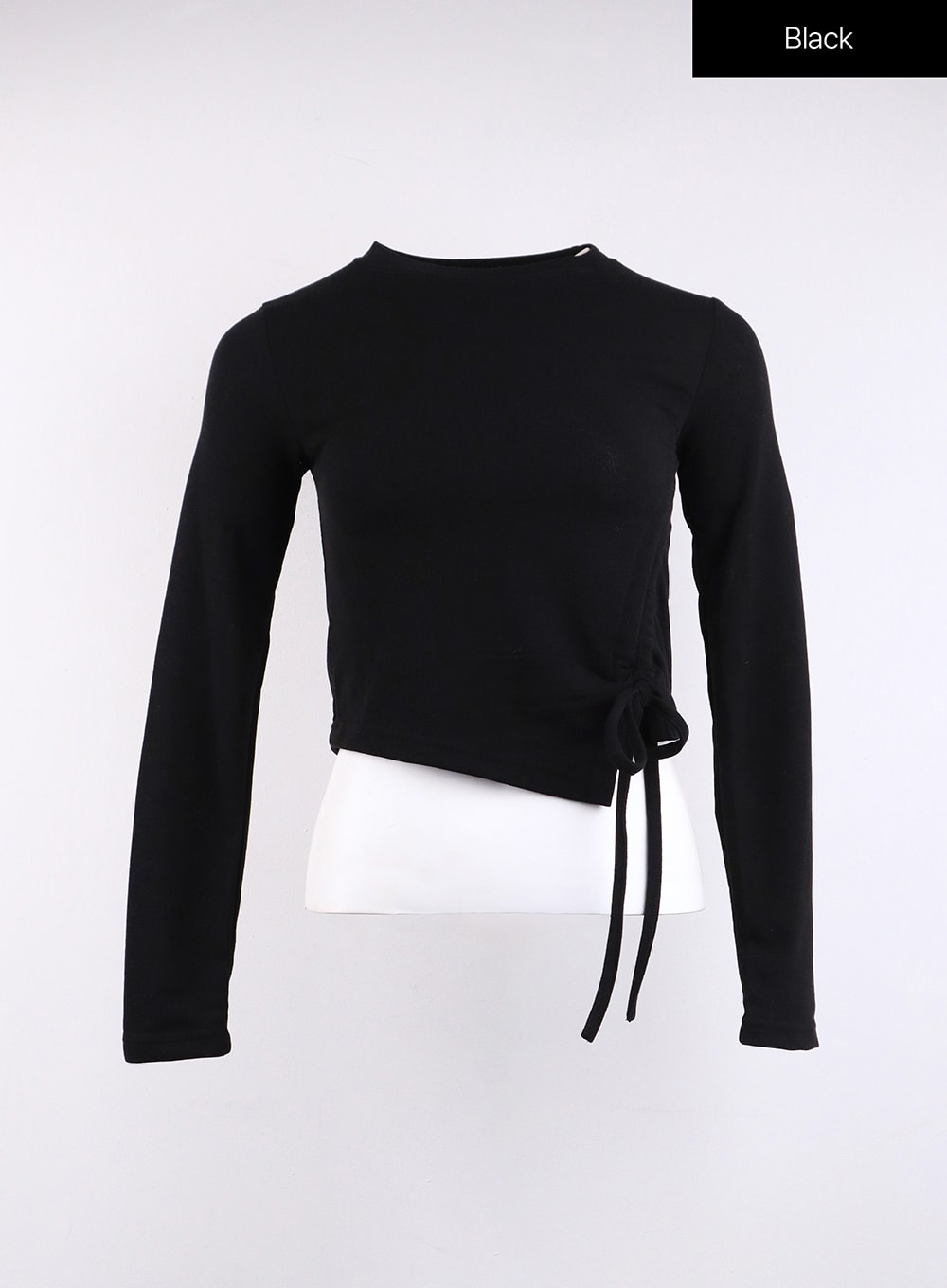 drawstring-long-sleeve-round-neck-tee-cj419 / Black