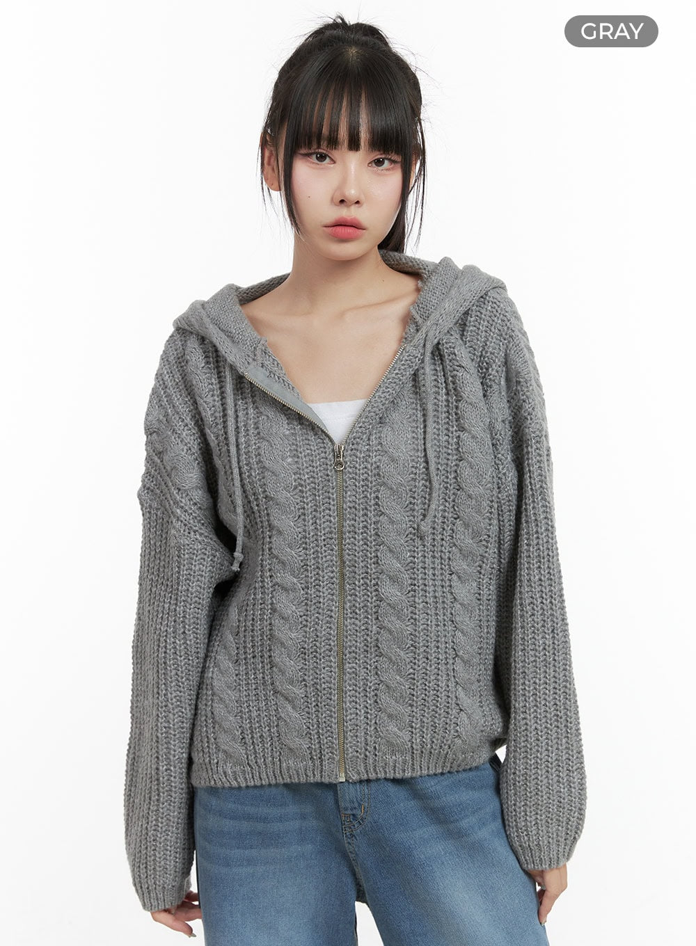 oversized-cable-knit-hooded-sweater-os410 / Gray