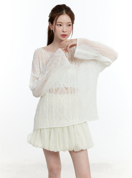 cable-knit-sheer-loose-fit-sweater-cm521 / White