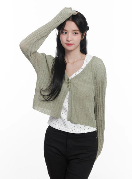 sheer-ribbed-cardigan-cu525 / Light green