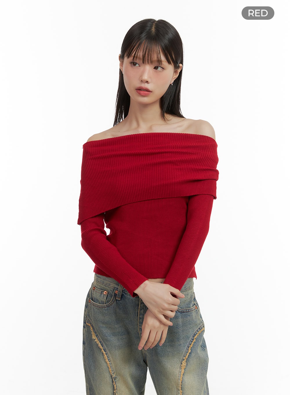 basic-off-shoulder-knit-sweater-co410 / Red