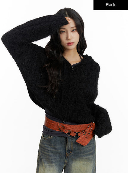cable-knit-zippered-hooded-cardigan-cf416 / Black
