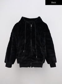 faux-fur-fleece-hoodie-zip-up-jacket-oo312 / Black