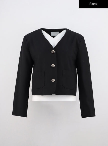 collarless-crop-blazer-jacket-oo312 / Black