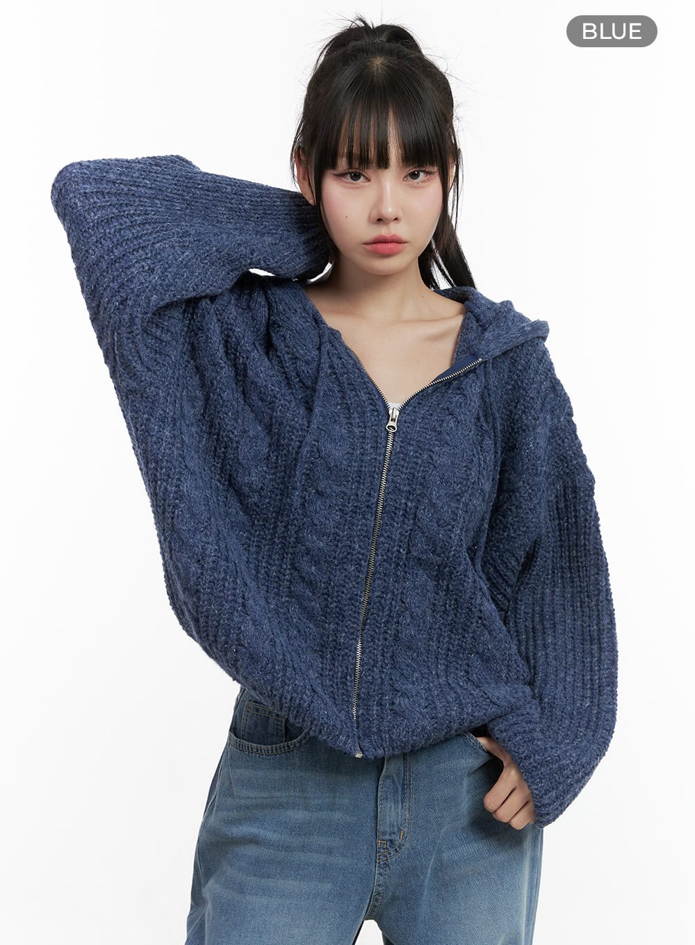 oversized-cable-knit-hooded-sweater-os410 / Blue