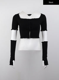 square-neck-crop-tee-with-hand-warmer-skirt-set-cj408 / Black