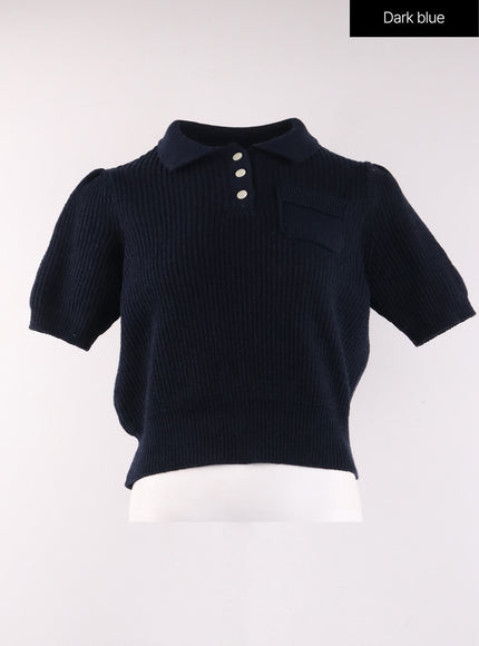 collar-short-sleeve-knit-sweater-of406 / Dark blue