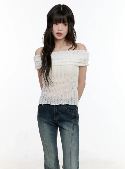 shirred-off-shoulder-knit-top-cl504 / White