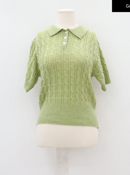 Cable Knit Collared Short-sleeve Sweater CA01