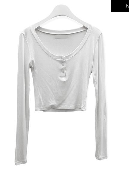 Scoop Neck Long Sleeve T Shirt with Front Buttons CM2
