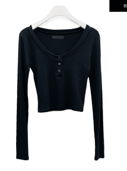 Scoop Neck Long Sleeve T Shirt with Front Buttons CM2