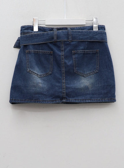 Ensemble jupe-short et ceinture en jean délavé taille basse CM02
