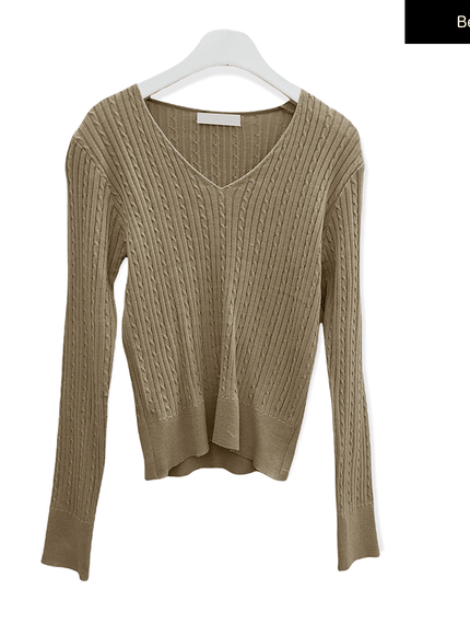 V Neck Cable Knit Top C2701