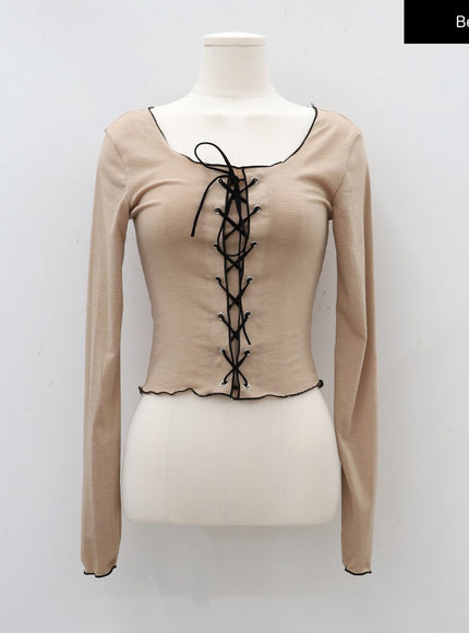 Cropped Long Sleeve Top with Front Lace Detail C1703