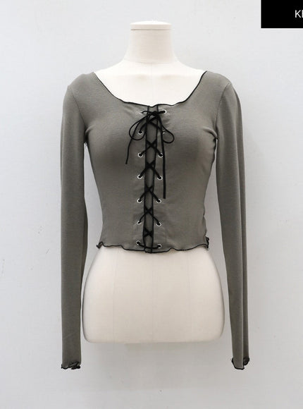 Cropped Long Sleeve Top with Front Lace Detail C1703