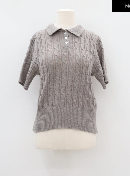 Cable Knit Collared Short-sleeve Sweater CA01