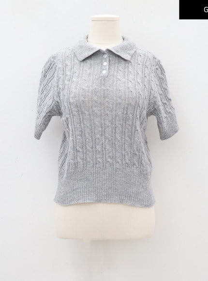 Cable Knit Collared Short-sleeve Sweater CA01