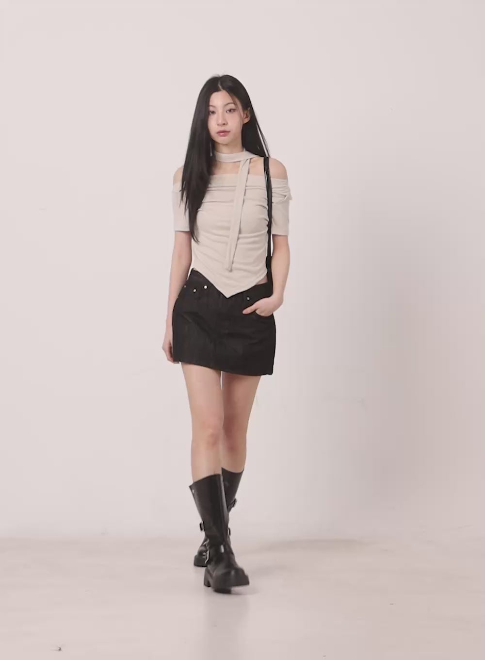 Off-Shoulder Crop Tee & Scarf Set IY516