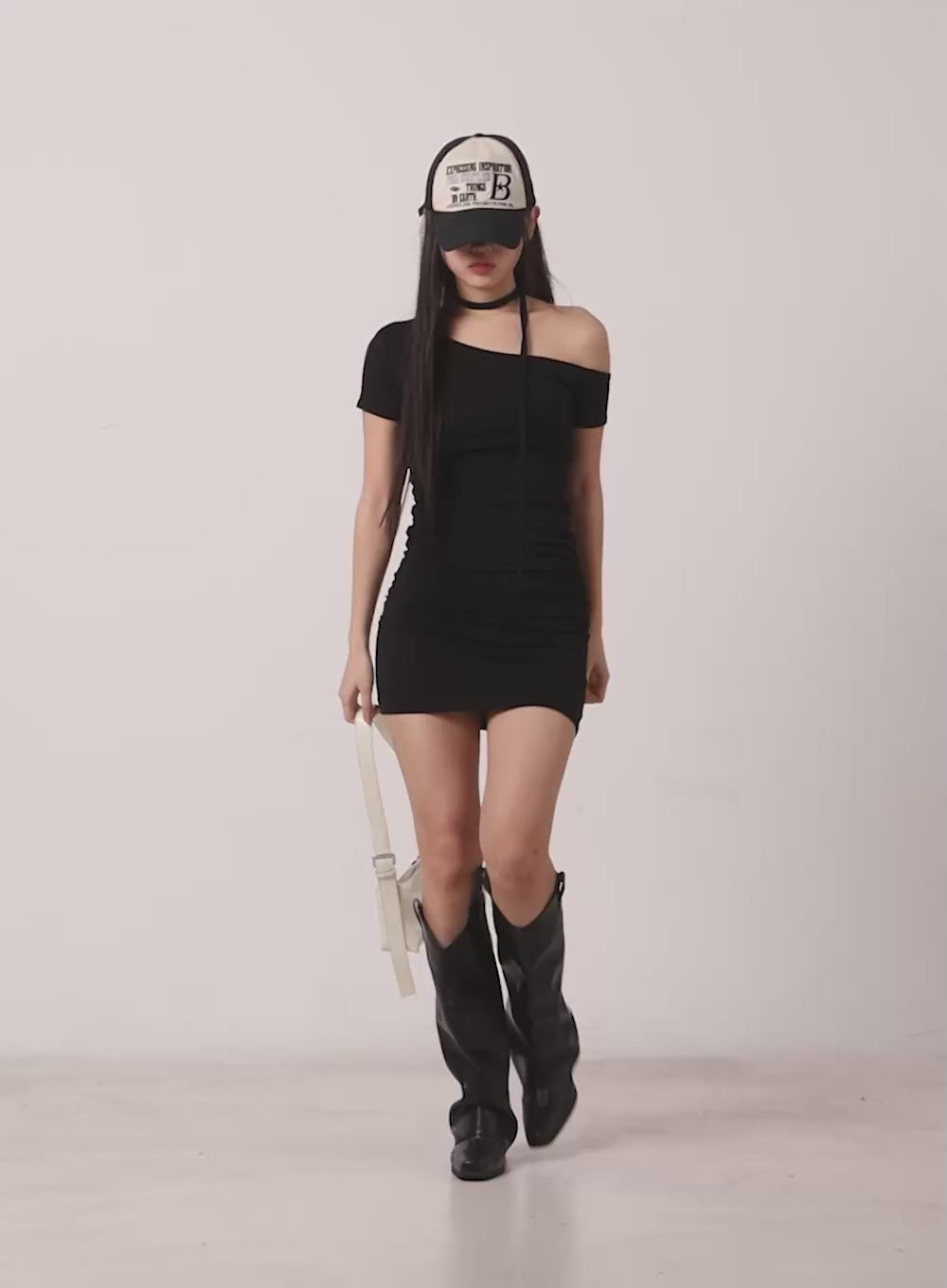 Shirred One-Shoulder Mini Dress with Scarf CM531