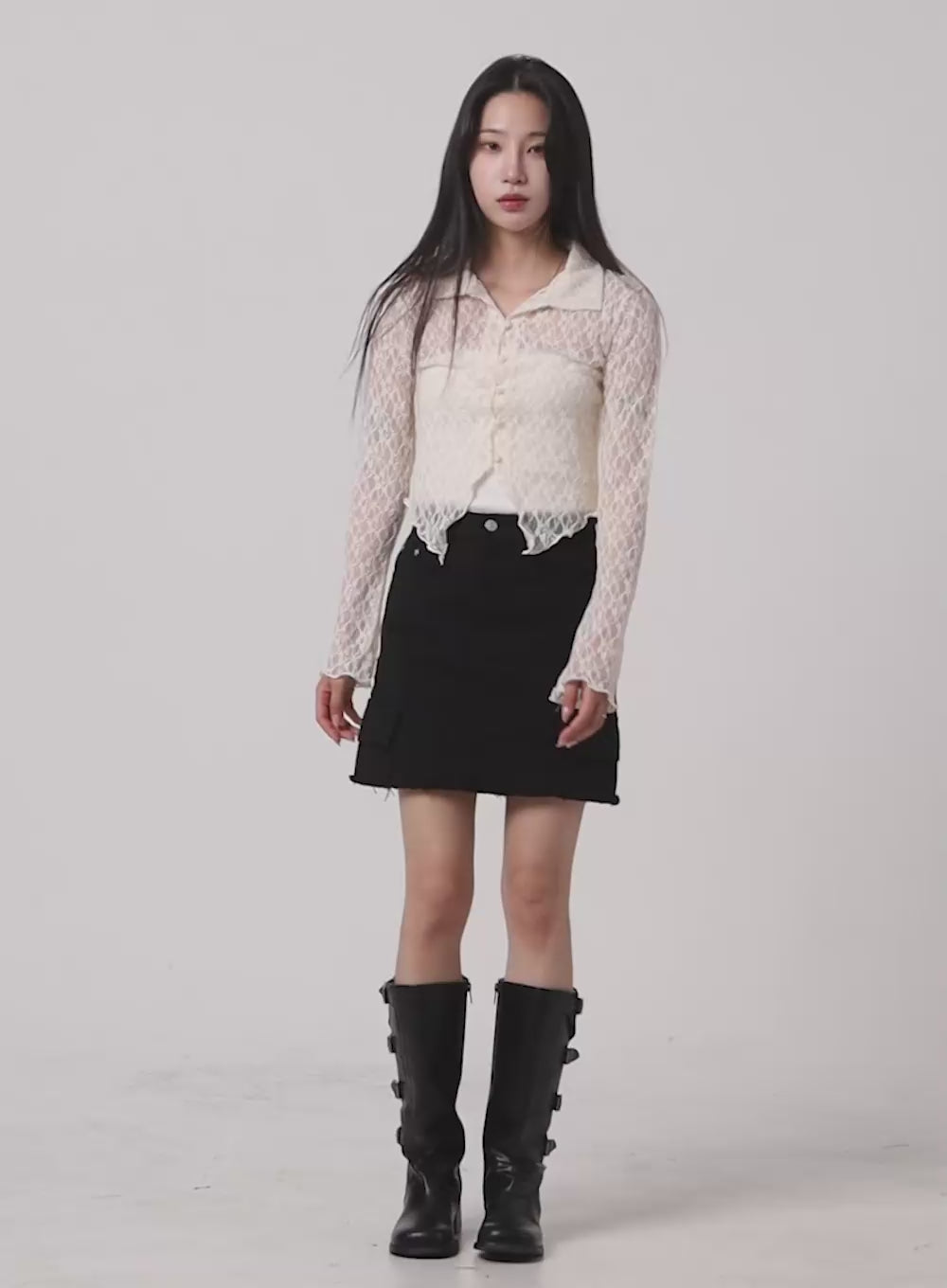 Lace Solid Ruffle Hem Long Sleeve Blouse CM427