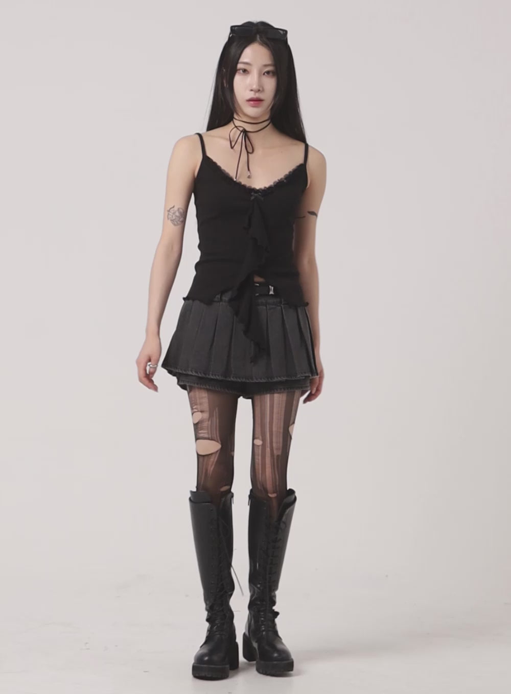 Pleated Denim Mini Skort with Belt CF429