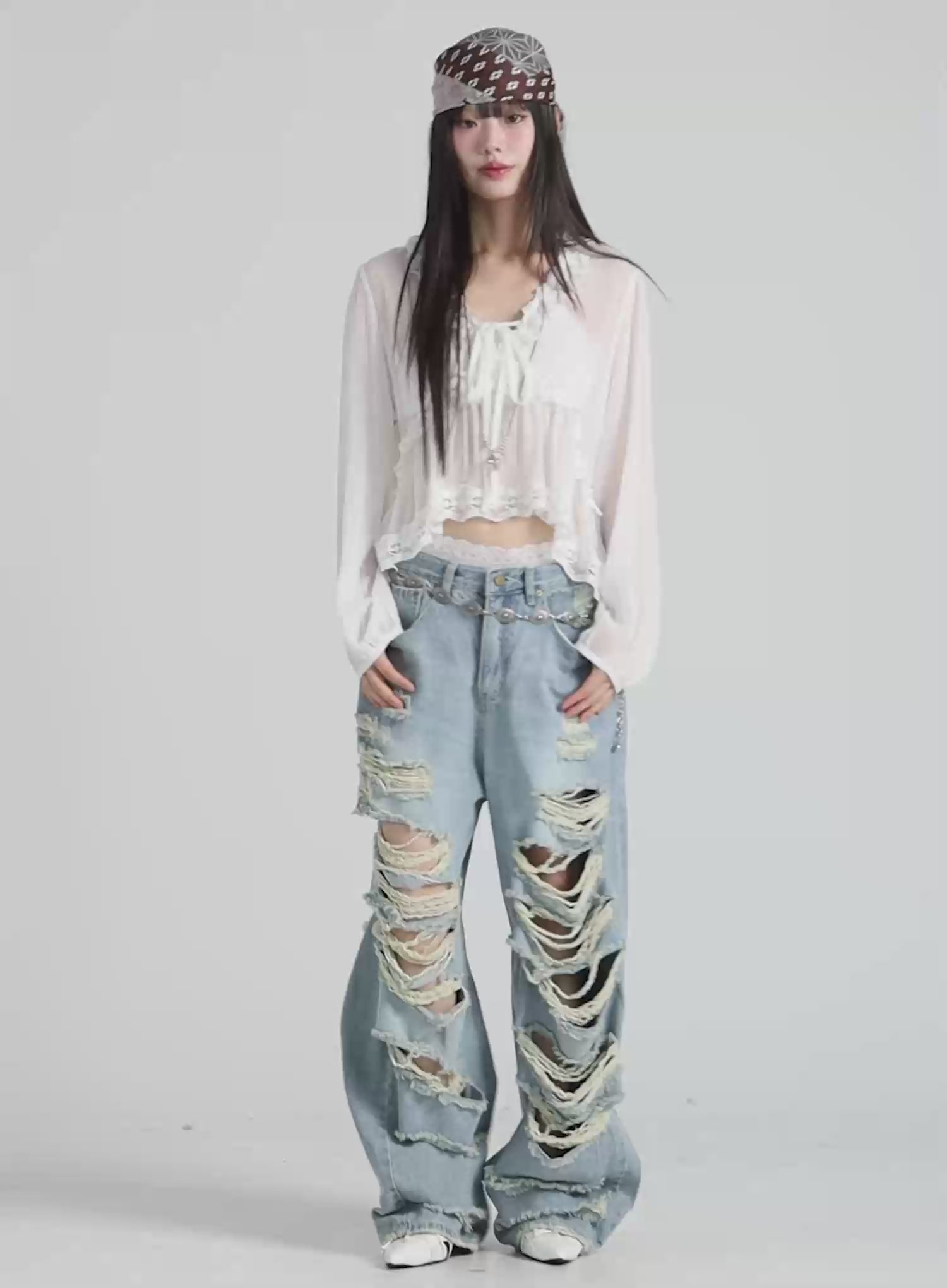 Sheer Lace V-Neck Ruffle Blouse CA528