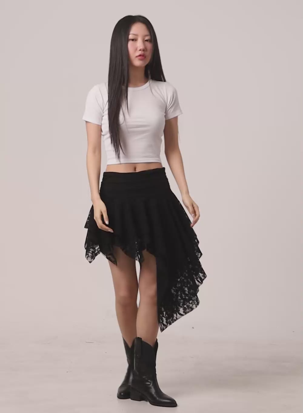 Lace Ruffle Asymmetrical Mini Skirt CY408