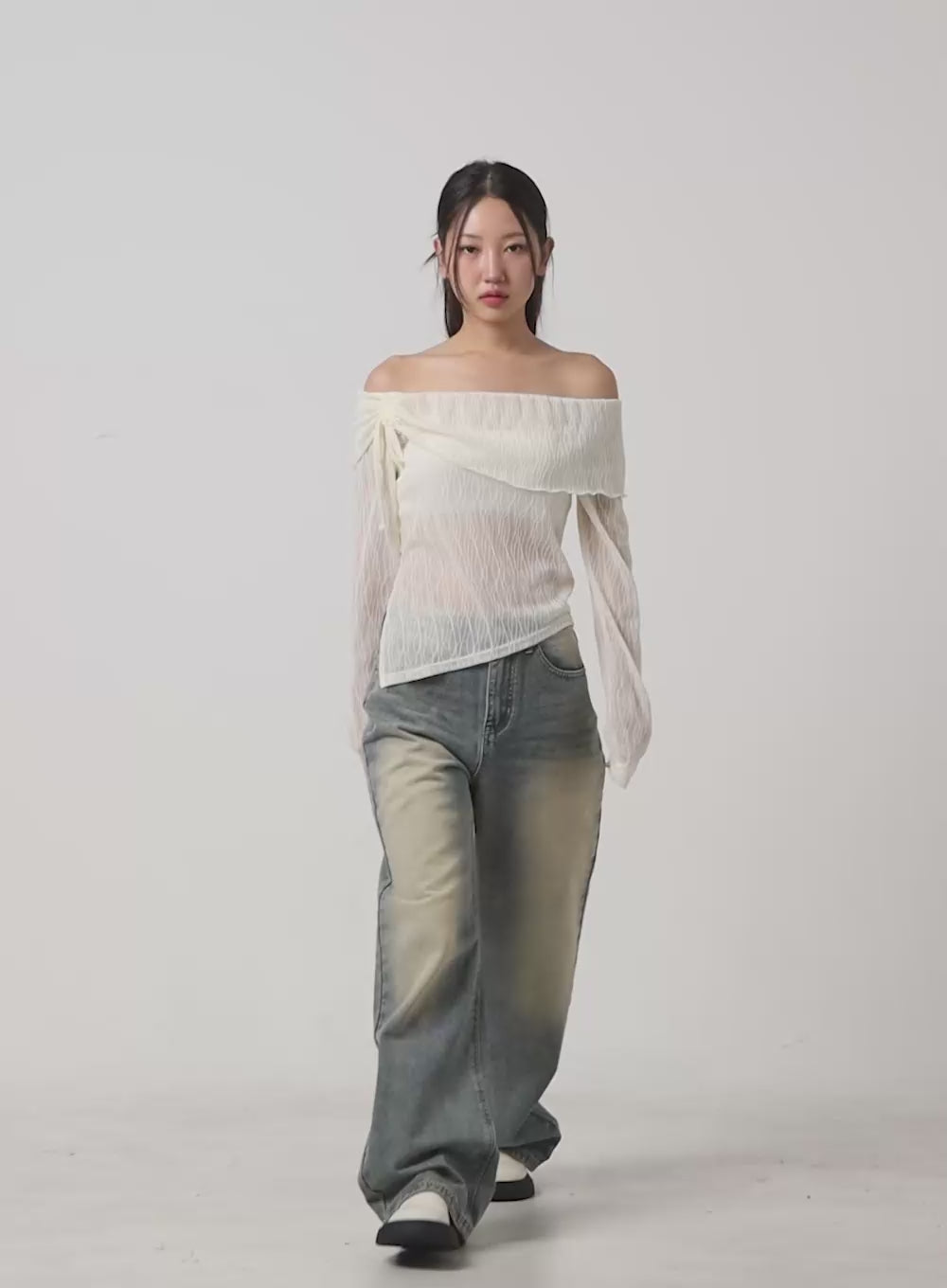 See-Through Textured Off-Shoulder Top IS402