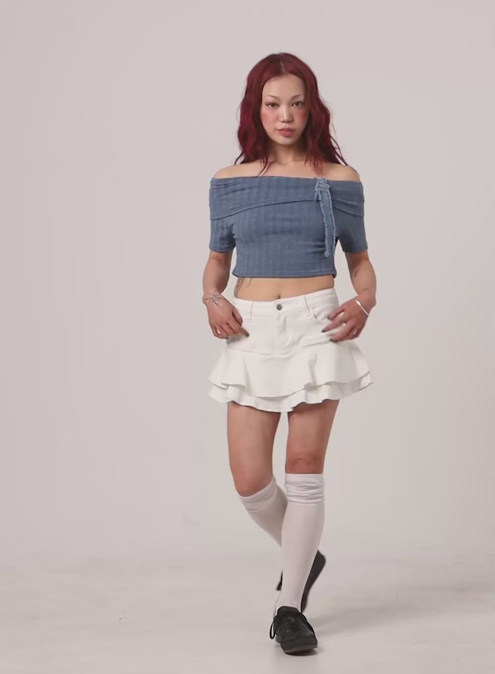 Denim Detail Off Shoulder Crop Top CY430