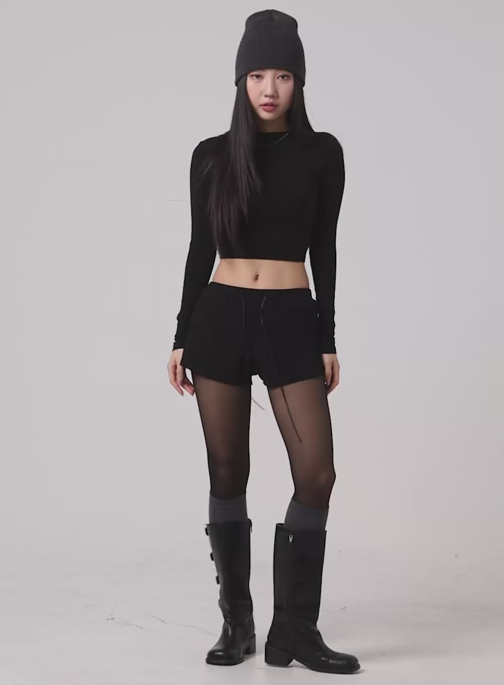 Solid Back Drawstring Cropped Long Sleeve CM408