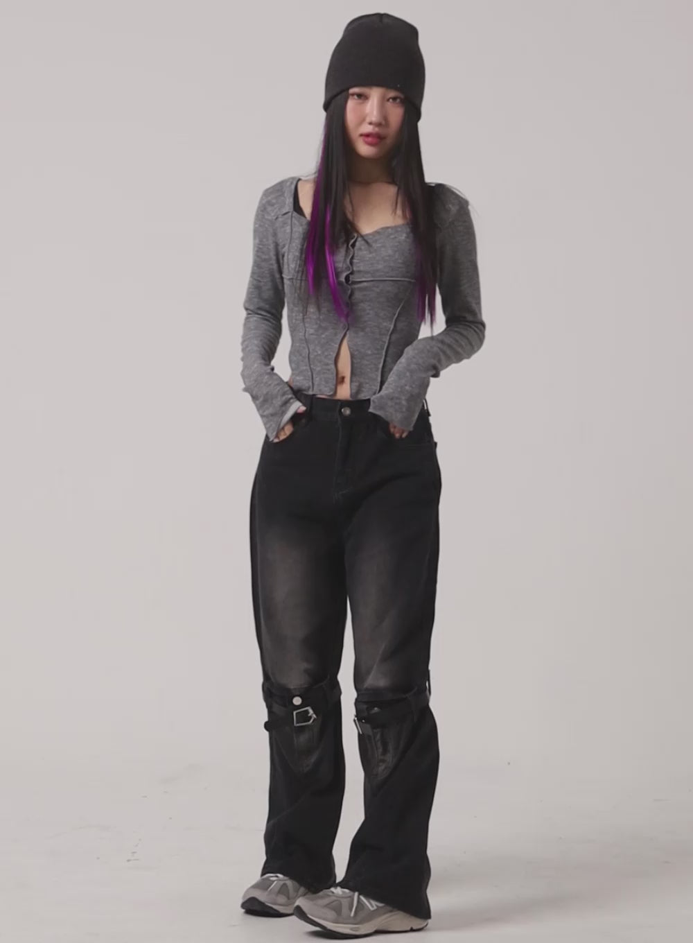 Wide Leg Buckle Strap Jeans IM405