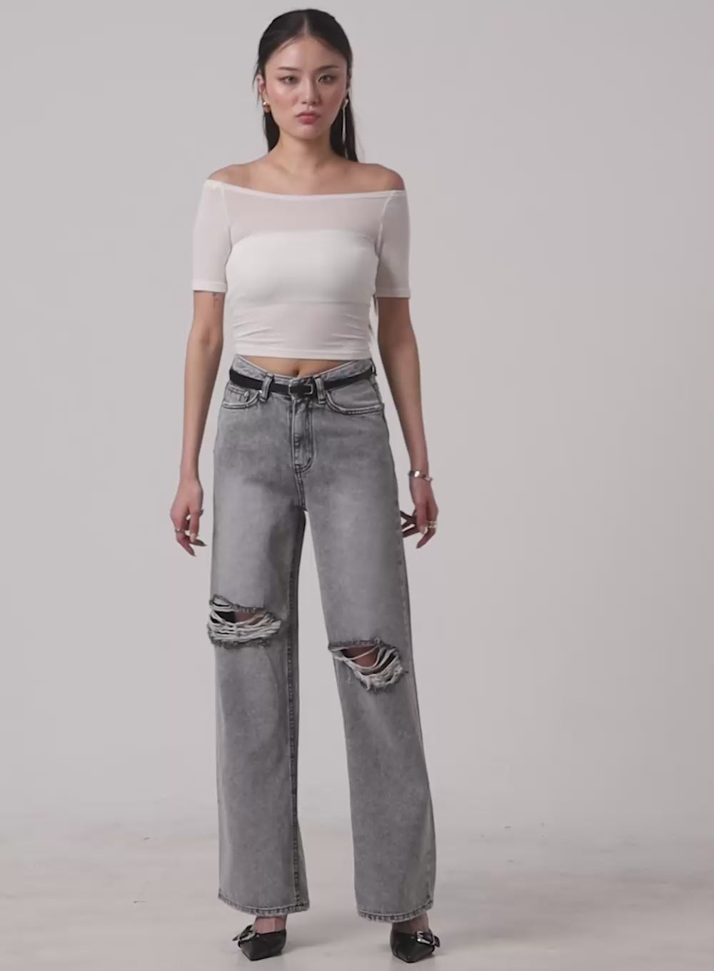 Ripped Loose Fit Bootcut Jeans CY402