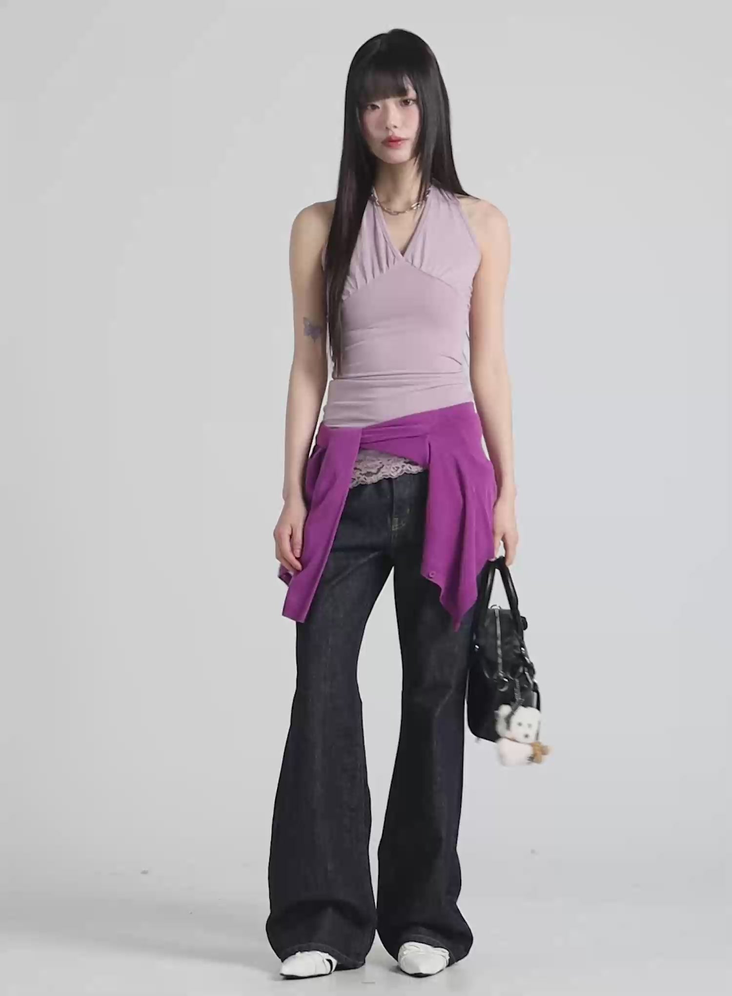 V-Neck Halter Lace Trim Top CA529