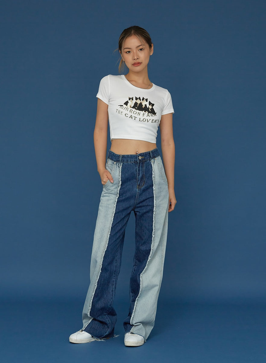 Two Colour Wide Denim Pants CG03 - Lewkin