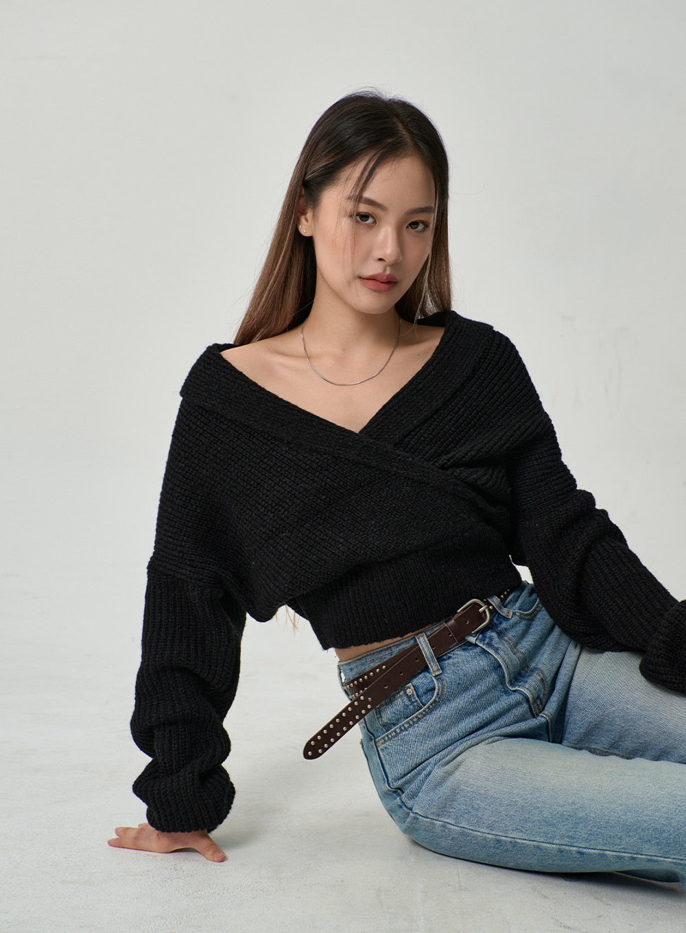 Off Shoulder V Neck Crossed Sweater CD19