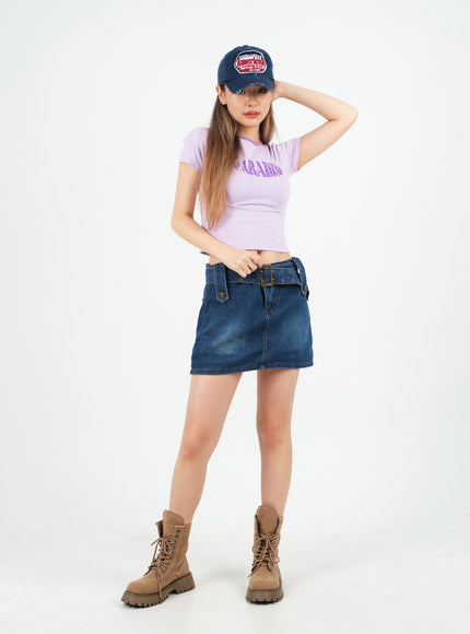 Ensemble jupe-short et ceinture en jean délavé taille basse CM02
