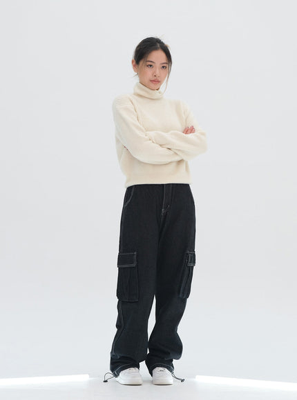 Wide Leg Denim Cargo Pants