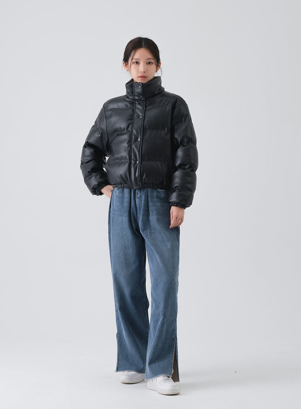 Faux leather cropped puffer clearance jacket