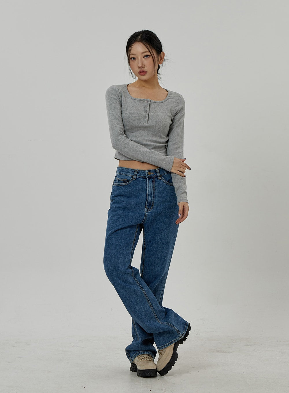 Button Neck Long Sleeve Cropped Top CD21