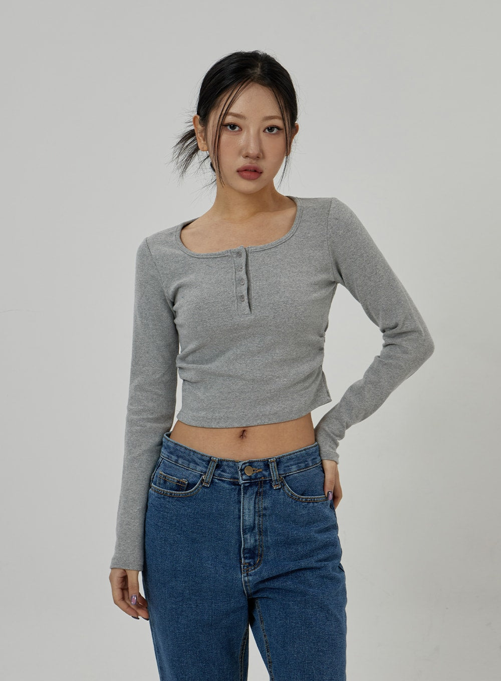 Button Neck Long Sleeve Cropped Top CD21