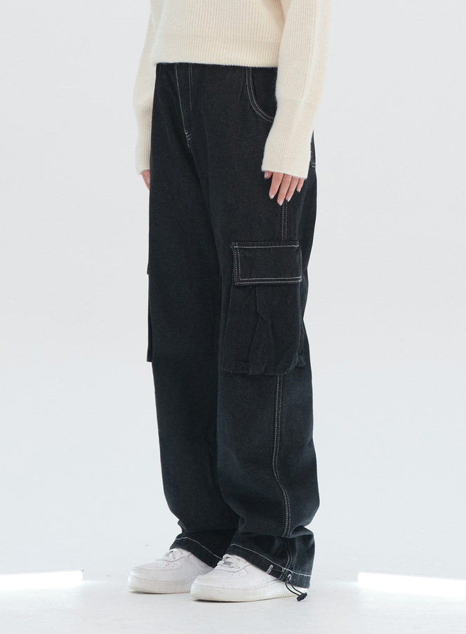 Wide Leg Denim Cargo Pants