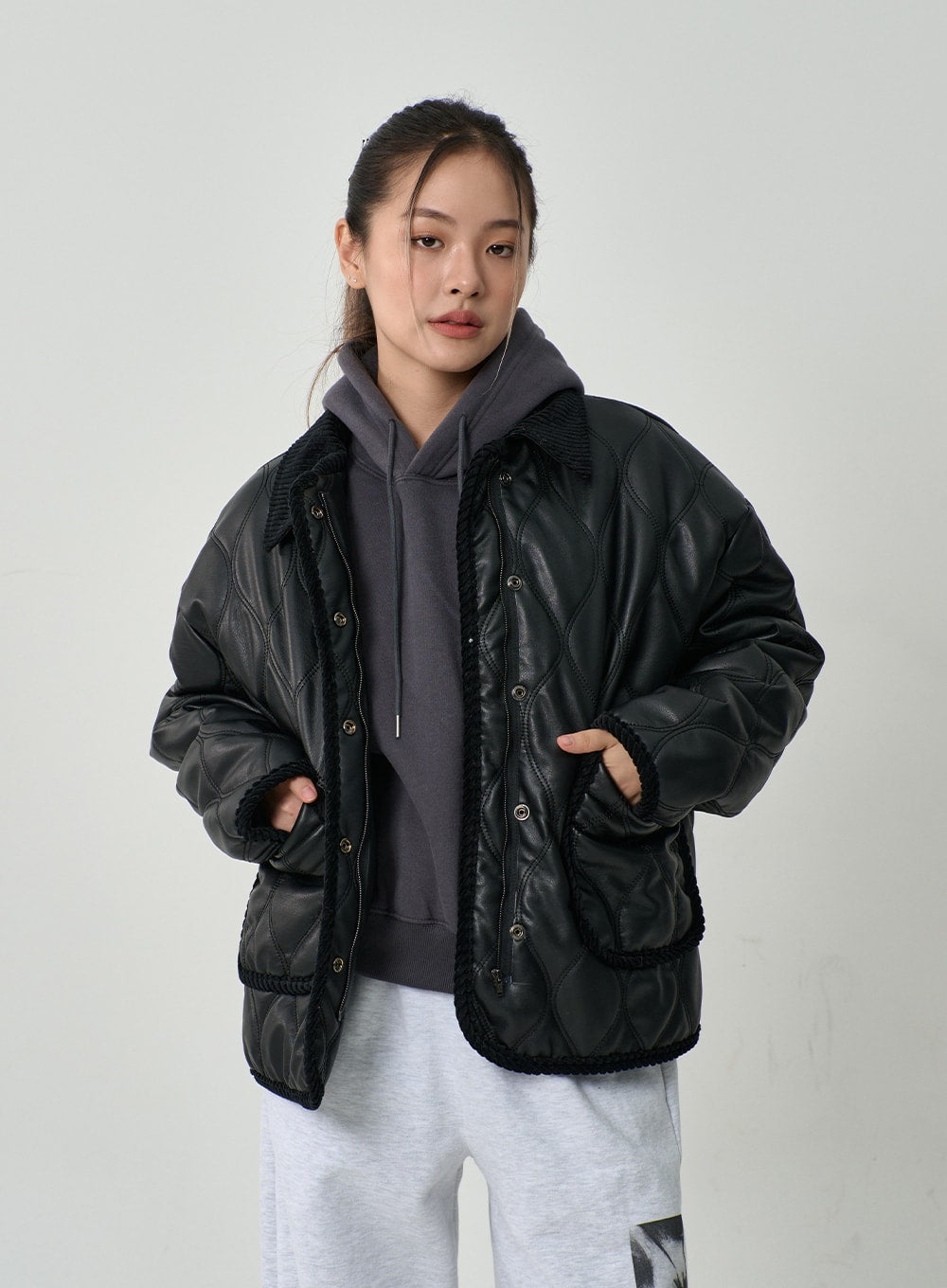 Faux Leather Button Puffer Jacket CD19