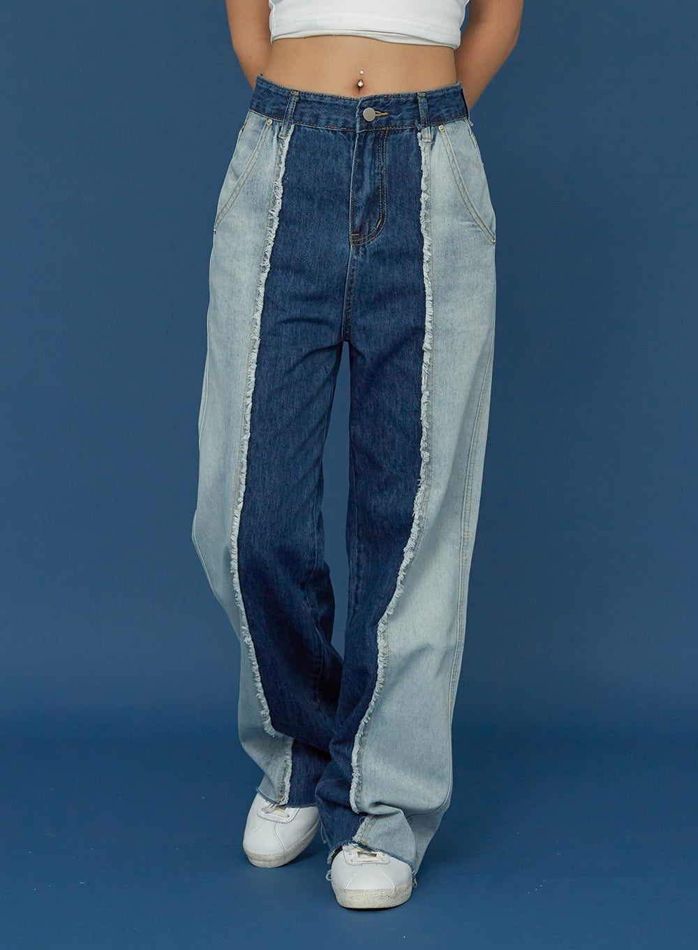 Two Colour Wide Denim Pants CG03 - Lewkin