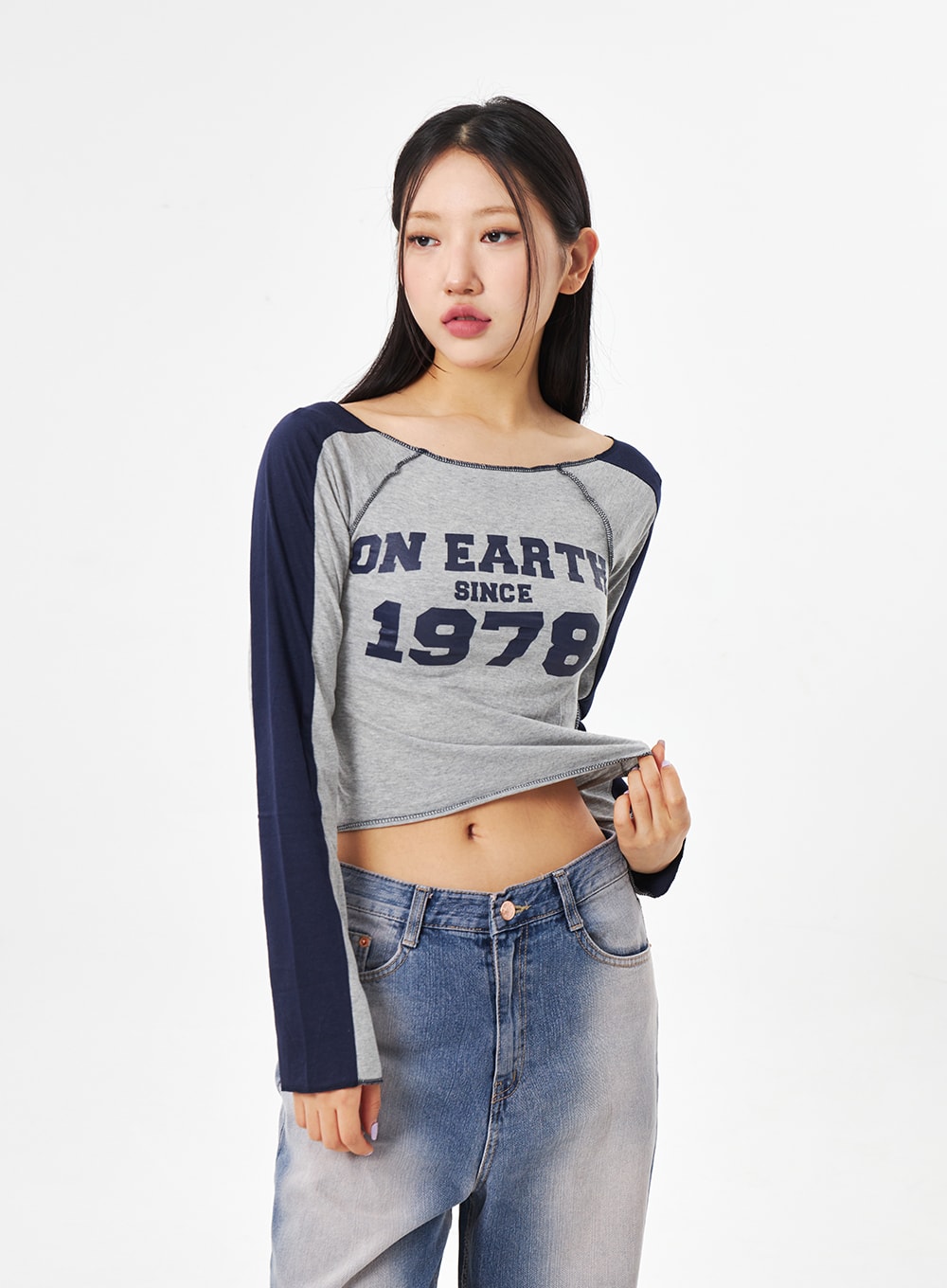 3/4 Sleeve White and Gray Baseball Crop Top Cropped Baseball 