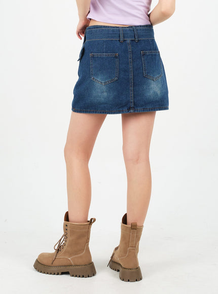 Ensemble jupe-short et ceinture en jean délavé taille basse CM02